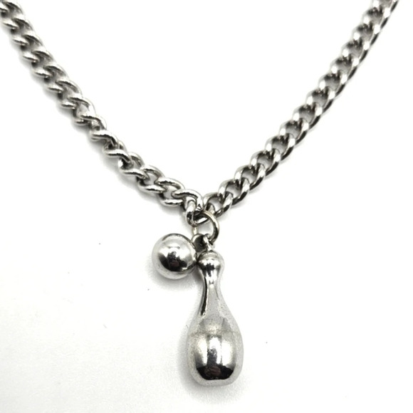 🆓️FREE ADD ON TO BUNDLE Bowling Ball Pin Necklace Steel Alloy Silver Tone - Picture 2 of 3